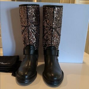 Sebastian Milano Black and Silver Sequin Heeled Boots size 10